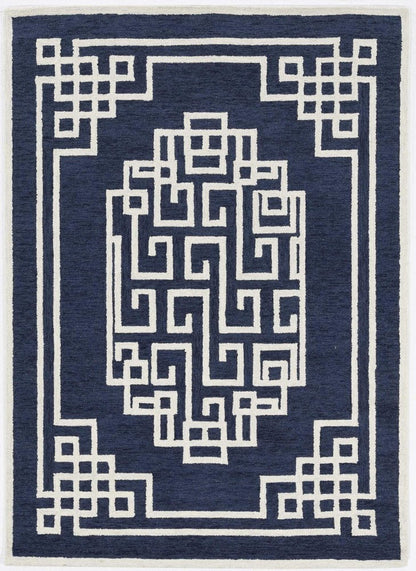 2' X 4' Navy Blue And Ivory Wool Geometric Hand Tufted Area Rug
