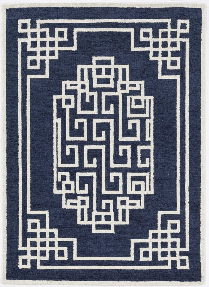 5' X 7' Navy Blue And Ivory Wool Geometric Hand Tufted Area Rug