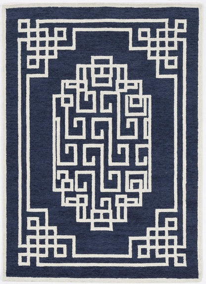 5' X 7' Navy Blue And Ivory Wool Geometric Hand Tufted Area Rug