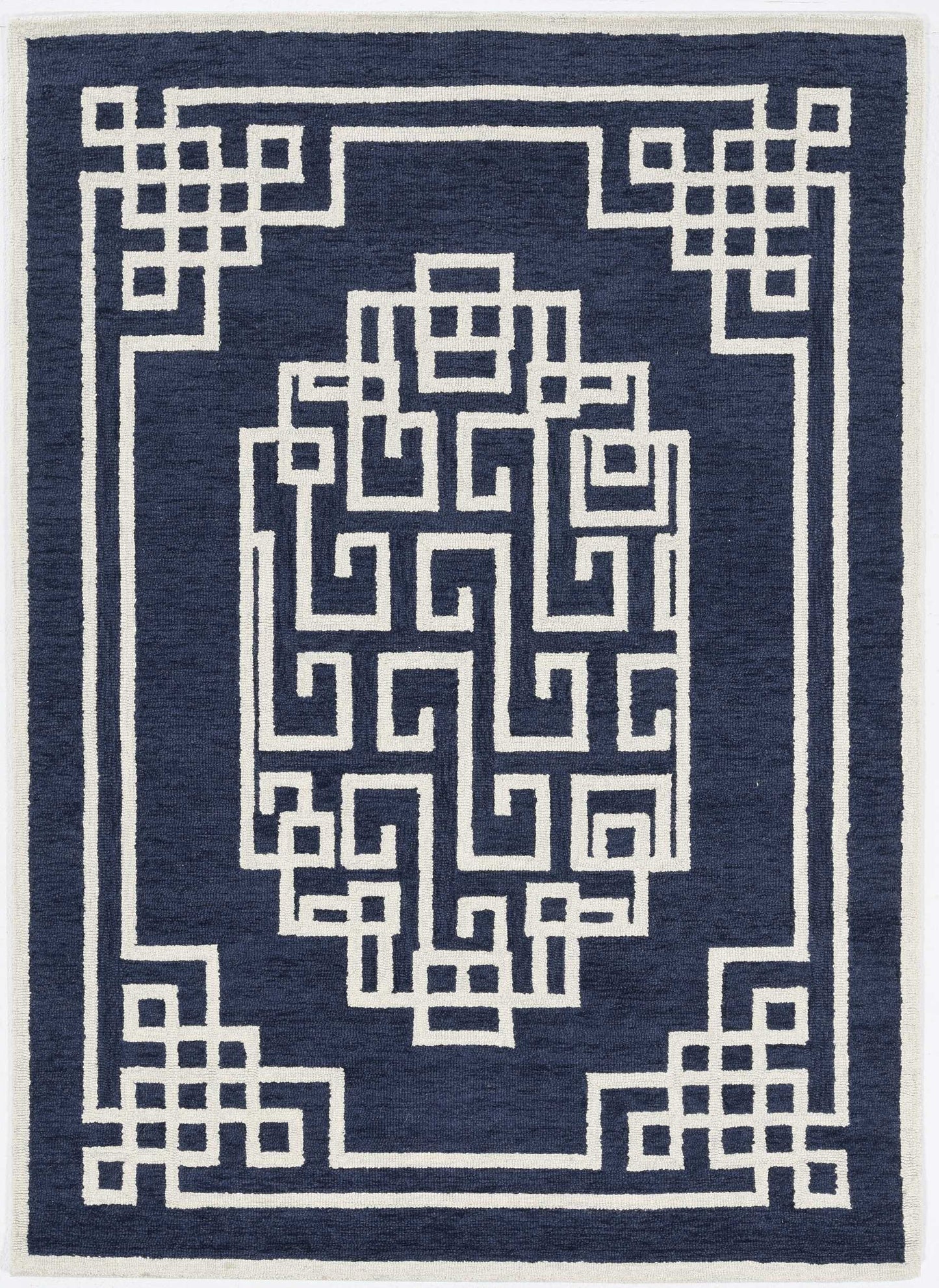 5' X 7' Navy Blue Ivory Hand Tufted Bordered Greek Key Indoor Area Rug