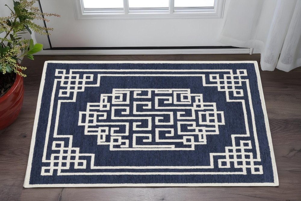 2' X 4' Navy Blue And Ivory Wool Geometric Hand Tufted Area Rug