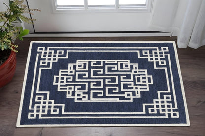 2' X 4' Navy Blue And Ivory Wool Geometric Hand Tufted Area Rug