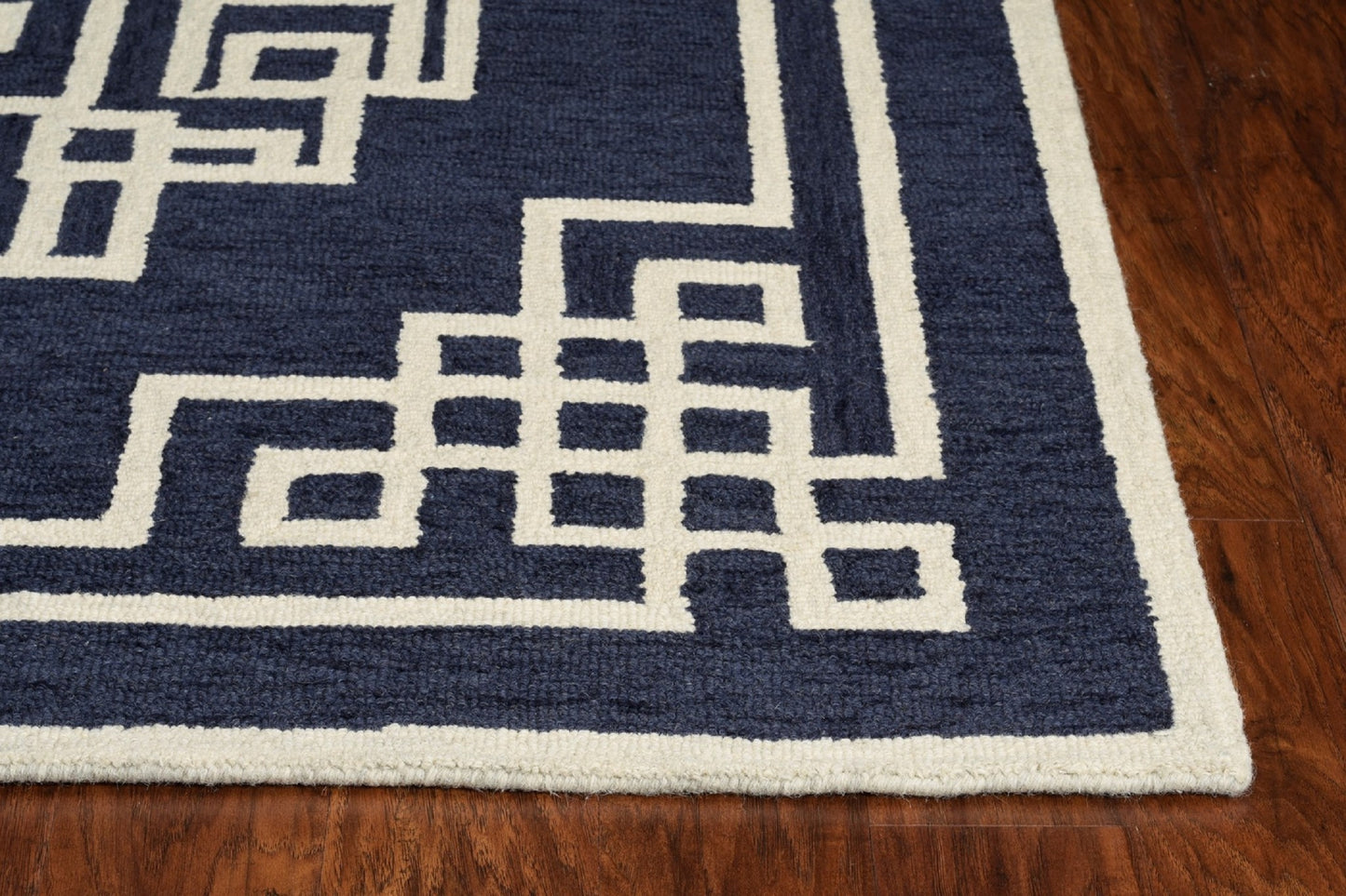 5' X 7' Navy Blue Ivory Hand Tufted Bordered Greek Key Indoor Area Rug