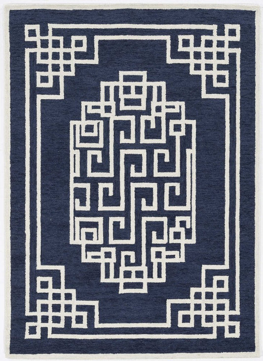 2' X 4' Navy Blue And Ivory Wool Geometric Hand Tufted Area Rug