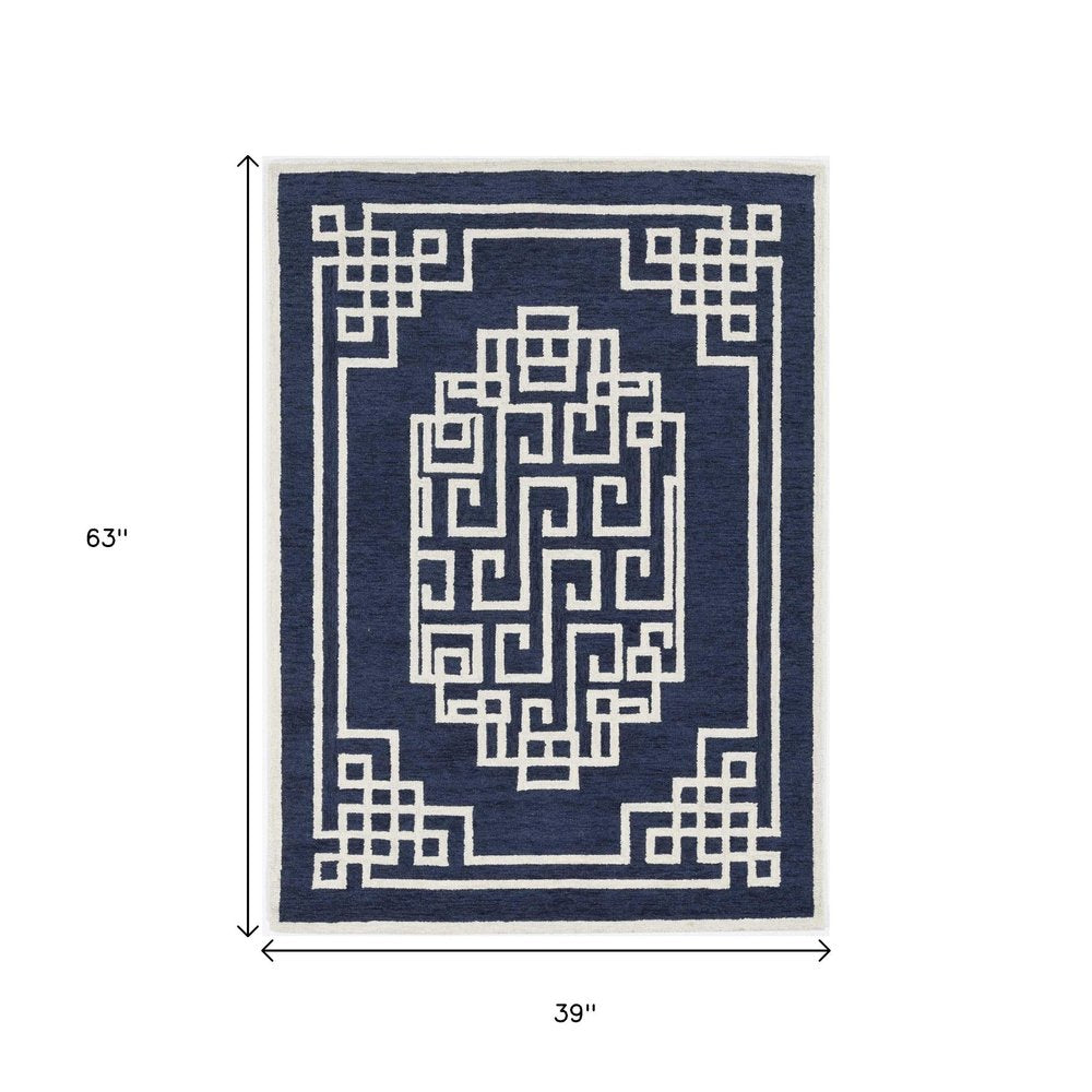 2' X 4' Navy Blue And Ivory Wool Geometric Hand Tufted Area Rug