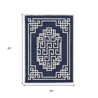 2' X 4' Navy Blue And Ivory Wool Geometric Hand Tufted Area Rug