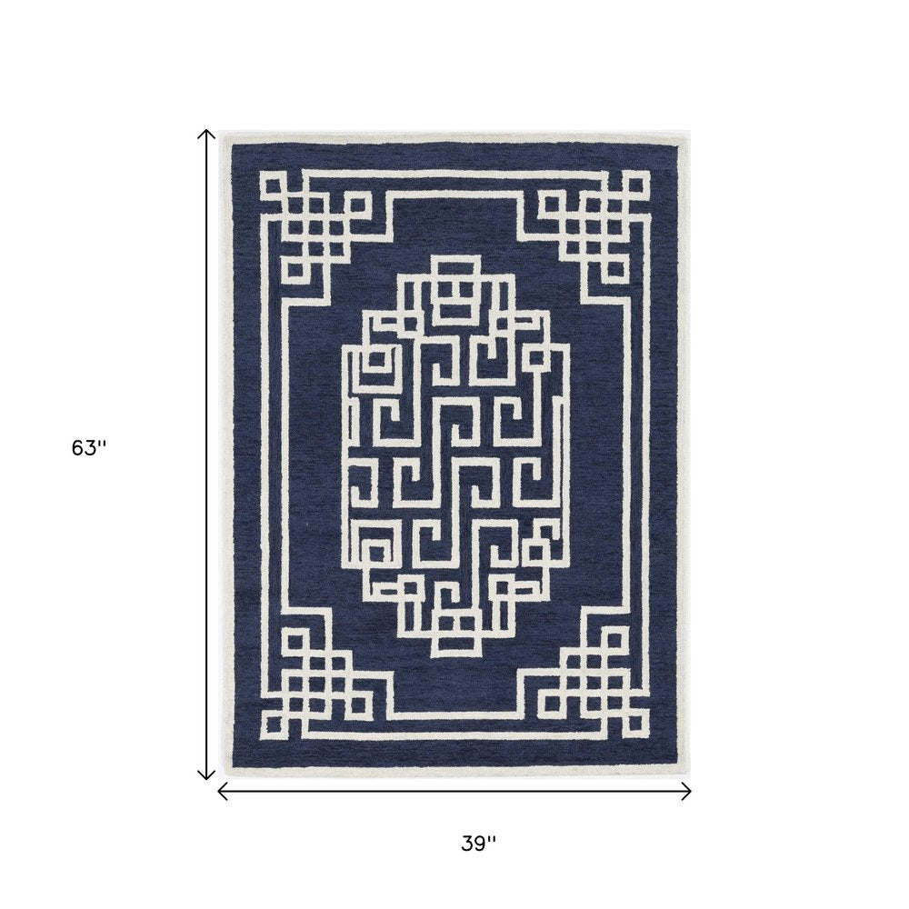 5' X 7' Navy Blue And Ivory Wool Geometric Hand Tufted Area Rug