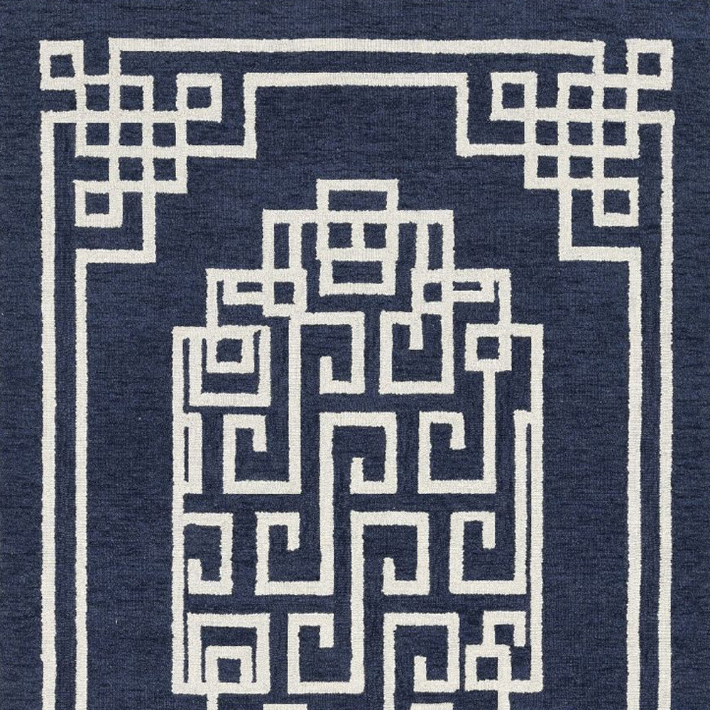 5' X 7' Navy Blue Ivory Hand Tufted Bordered Greek Key Indoor Area Rug