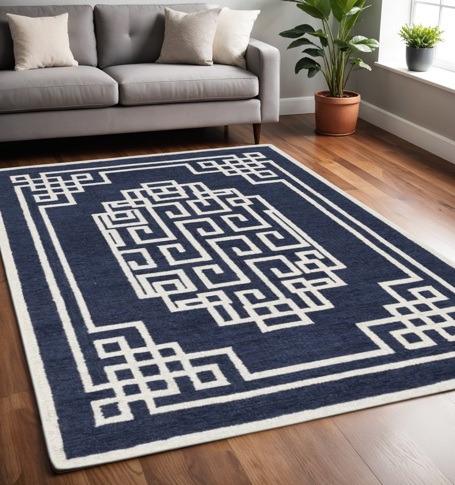 5' X 7' Navy Blue And Ivory Wool Geometric Hand Tufted Area Rug