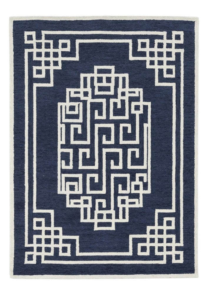 5' X 7' Navy Blue And Ivory Wool Geometric Hand Tufted Area Rug