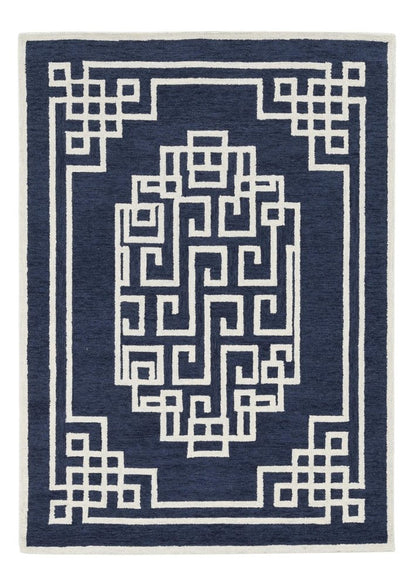 5' X 7' Navy Blue And Ivory Wool Geometric Hand Tufted Area Rug