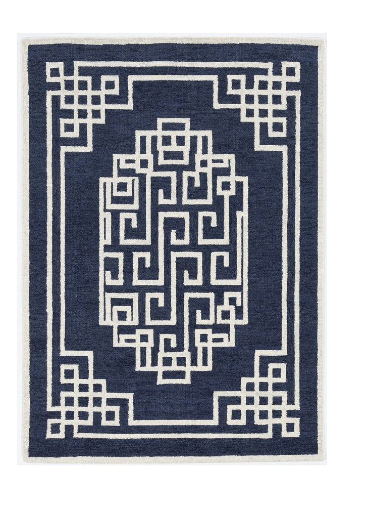 5' X 7' Navy Blue And Ivory Wool Geometric Hand Tufted Area Rug