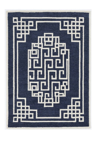 5' X 7' Navy Blue And Ivory Wool Geometric Hand Tufted Area Rug