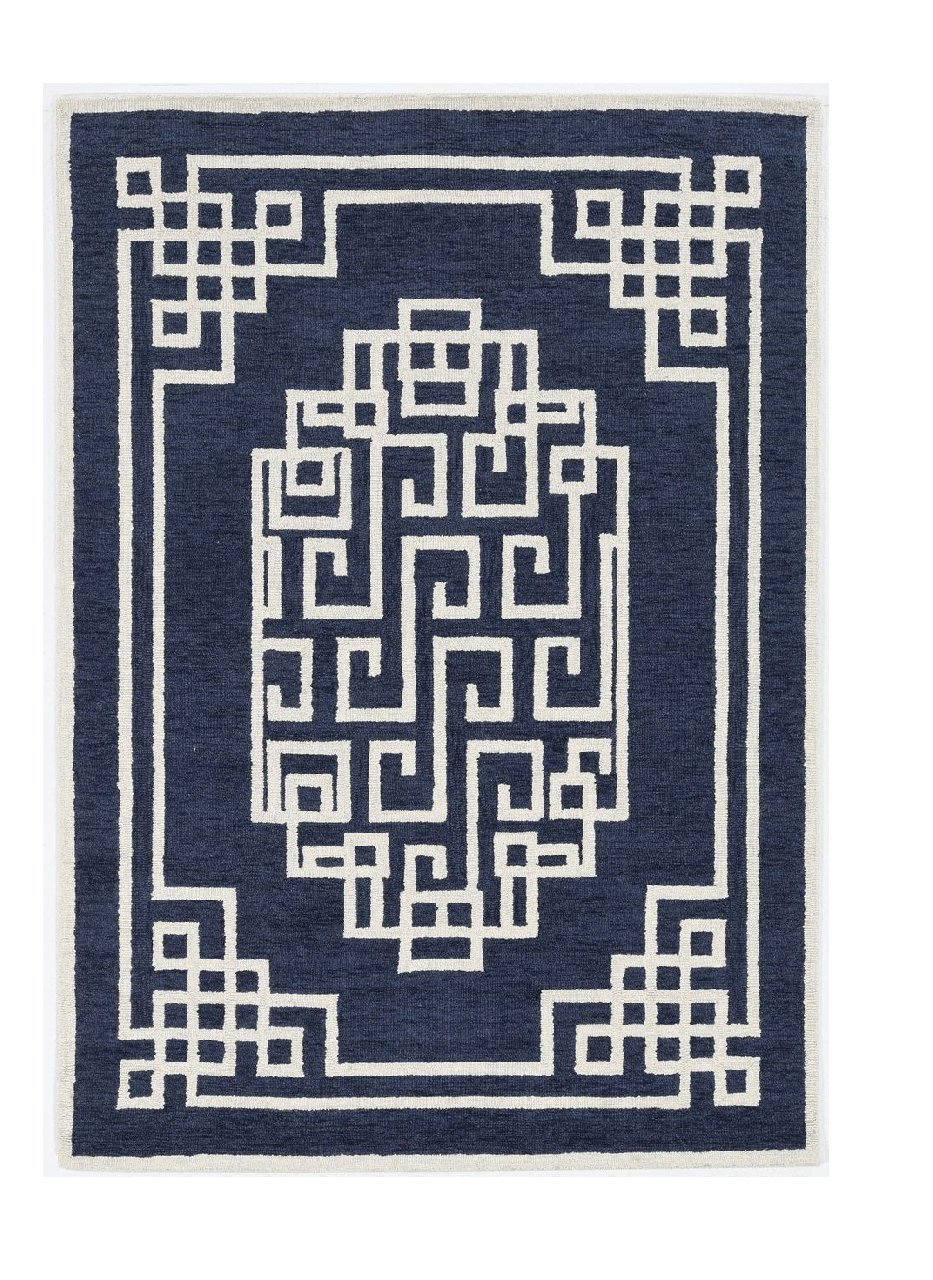 5' X 7' Navy Blue Ivory Hand Tufted Bordered Greek Key Indoor Area Rug