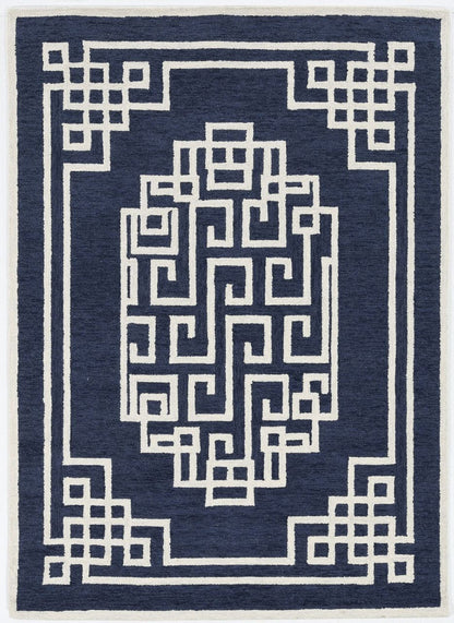 5' X 7' Navy Blue And Ivory Wool Geometric Hand Tufted Area Rug