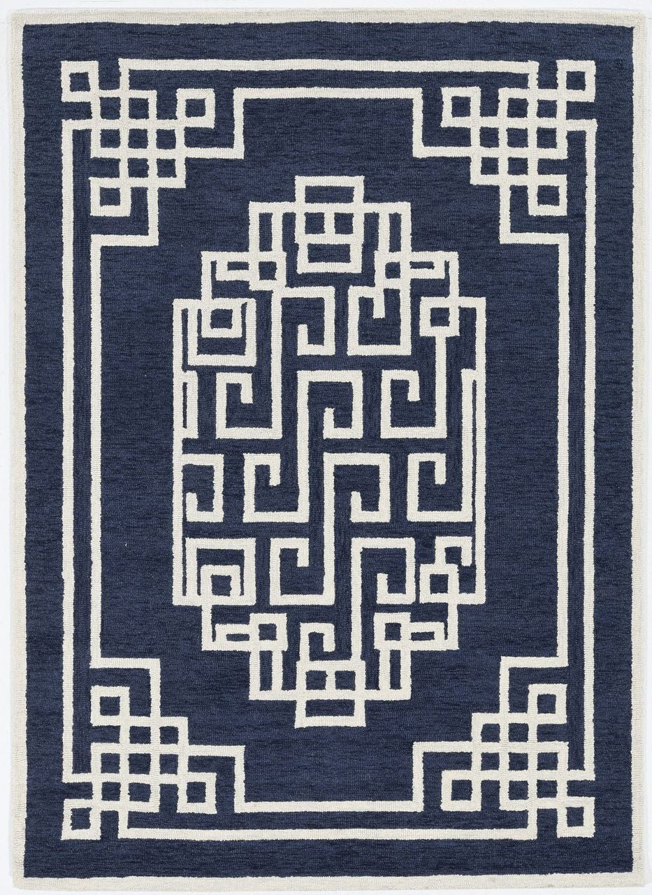 5' X 7' Navy Blue Ivory Hand Tufted Bordered Greek Key Indoor Area Rug