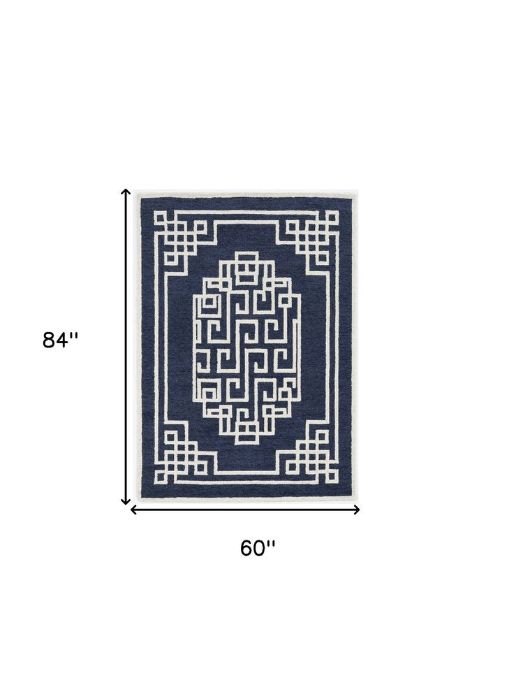 5' X 7' Navy Blue And Ivory Wool Geometric Hand Tufted Area Rug