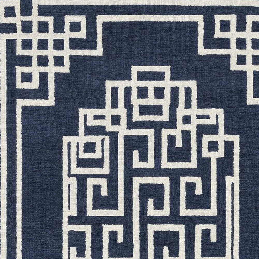 5' X 7' Navy Blue Ivory Hand Tufted Bordered Greek Key Indoor Area Rug