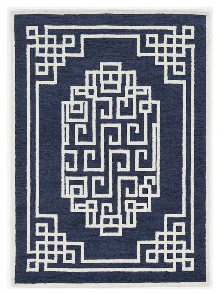 5' X 7' Navy Blue And Ivory Wool Geometric Hand Tufted Area Rug