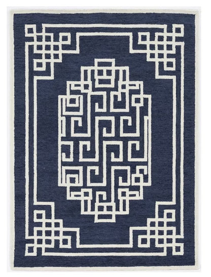 5' X 7' Navy Blue And Ivory Wool Geometric Hand Tufted Area Rug