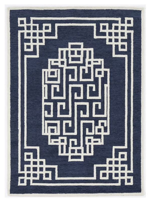 5' X 7' Navy Blue Ivory Hand Tufted Bordered Greek Key Indoor Area Rug