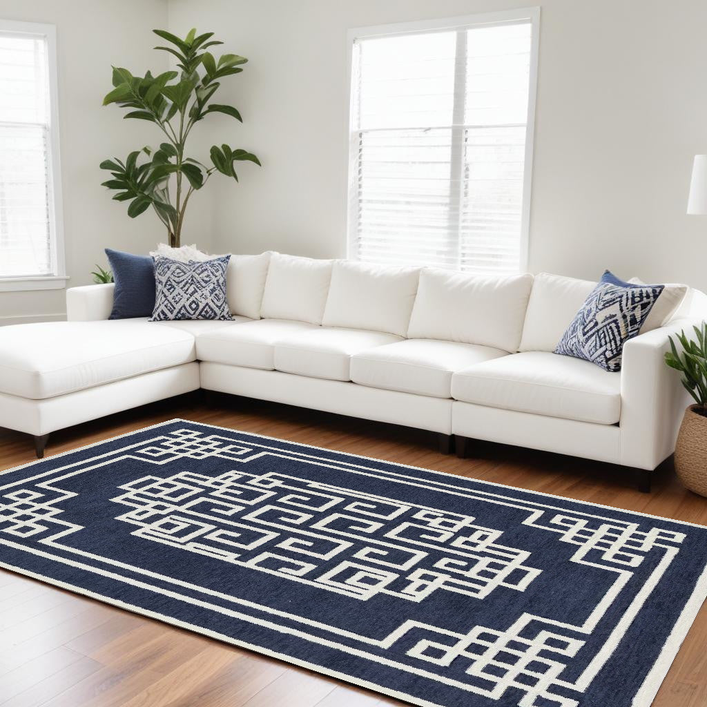 5' X 7' Navy Blue Ivory Hand Tufted Bordered Greek Key Indoor Area Rug