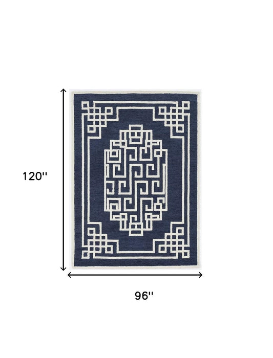 3' X 5' Navy Blue Ivory Hand Tufted Greek Key Medallion Indoor Area Rug