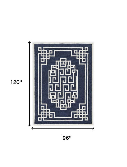 5' X 7' Navy Blue And Ivory Wool Geometric Hand Tufted Area Rug