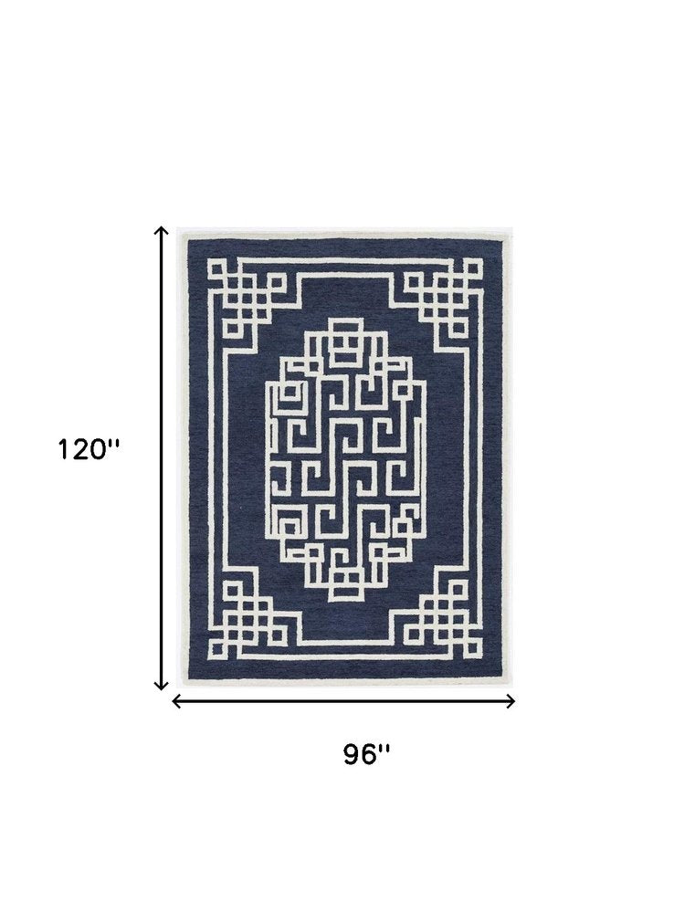 5' X 7' Navy Blue And Ivory Wool Geometric Hand Tufted Area Rug