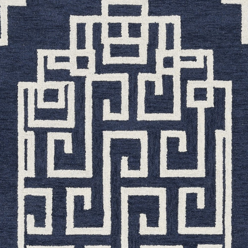 5' X 7' Navy Blue Ivory Hand Tufted Bordered Greek Key Indoor Area Rug