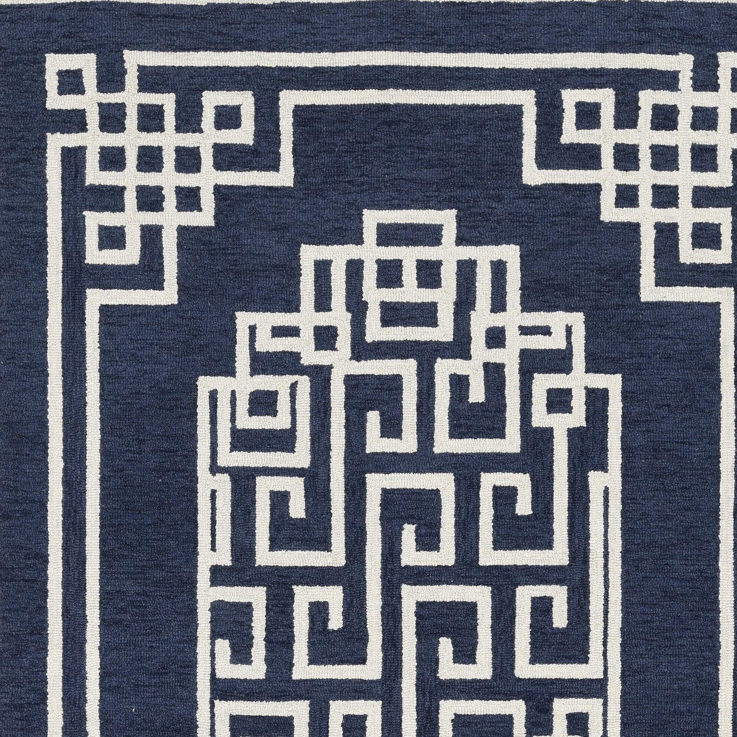 5' X 7' Navy Blue Ivory Hand Tufted Bordered Greek Key Indoor Area Rug