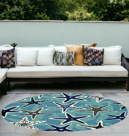 8' Blue Round Abstract Indoor Outdoor Area Rug