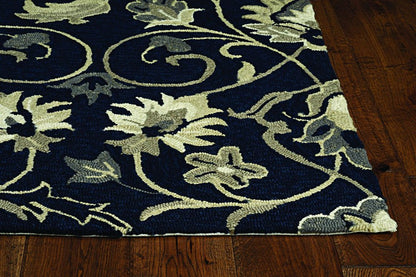 5' X 8' Navy Blue Round Floral Indoor Outdoor Area Rug