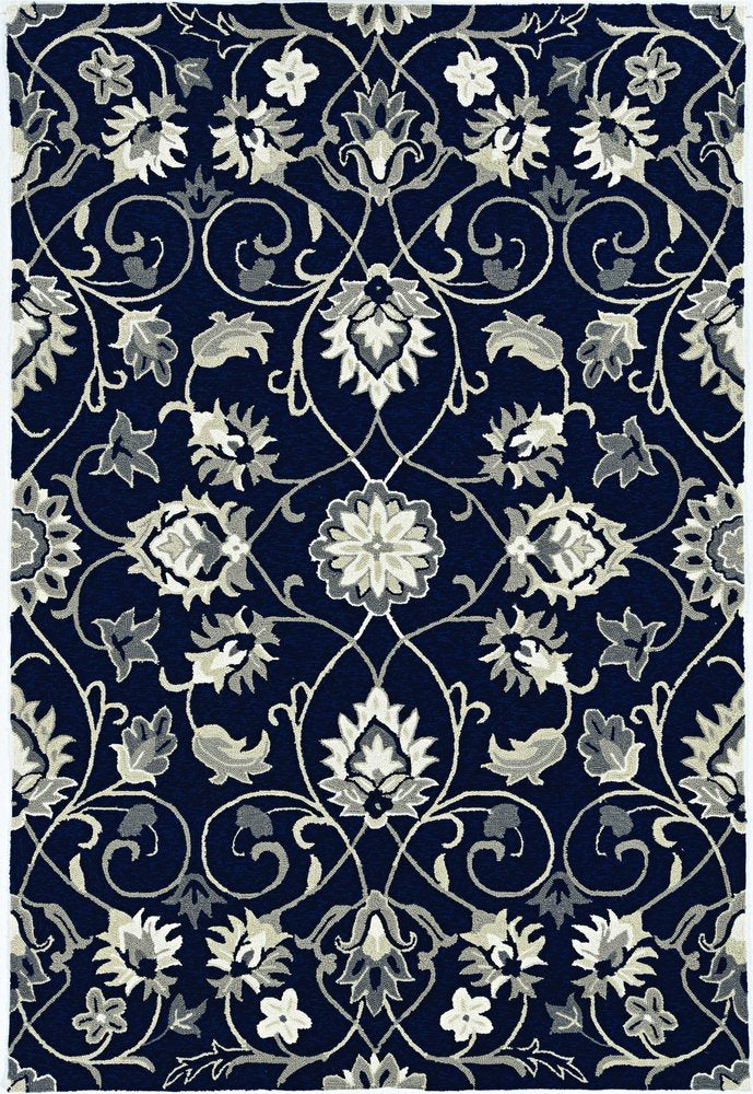 5' X 8' Navy Blue Round Floral Indoor Outdoor Area Rug
