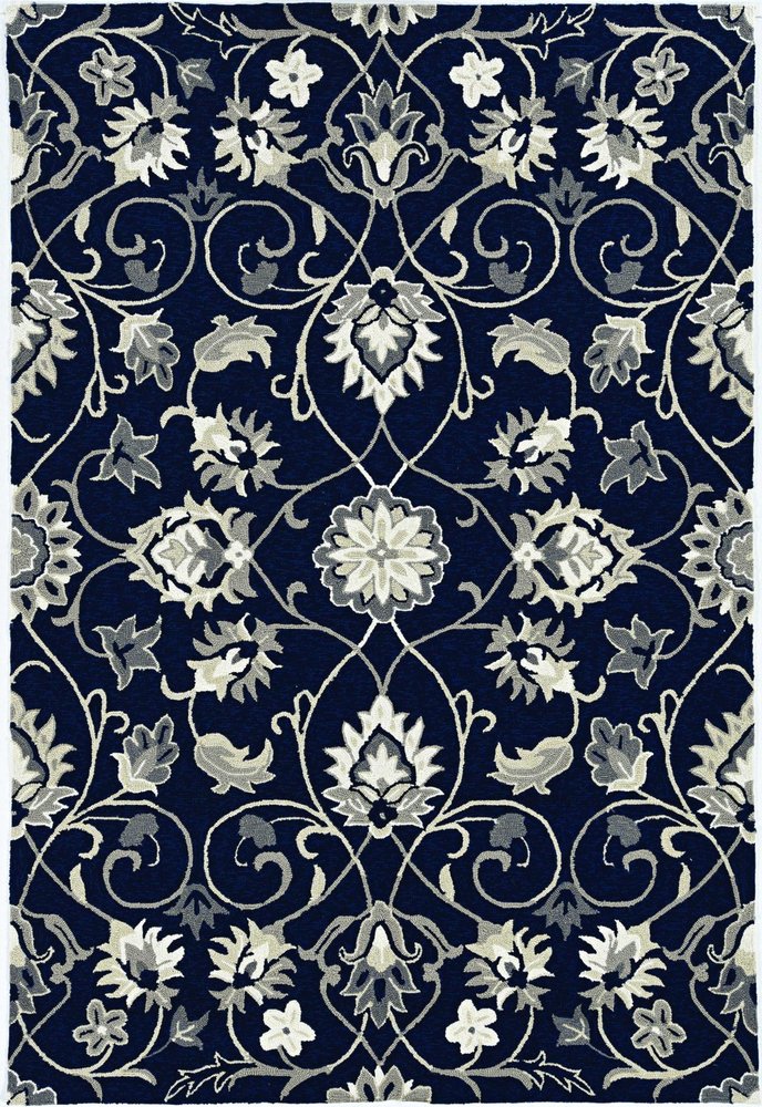 5' X 8' Navy Blue Round Floral Indoor Outdoor Area Rug