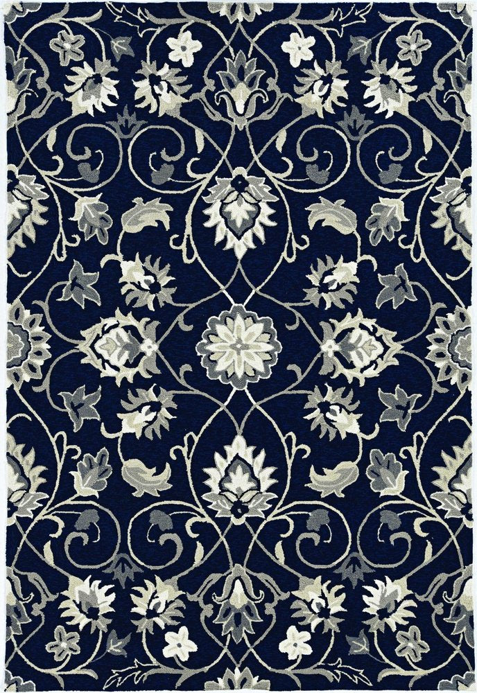 5' X 8' Navy Blue Round Floral Indoor Outdoor Area Rug
