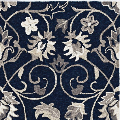 5' X 8' Navy Blue Round Floral Indoor Outdoor Area Rug