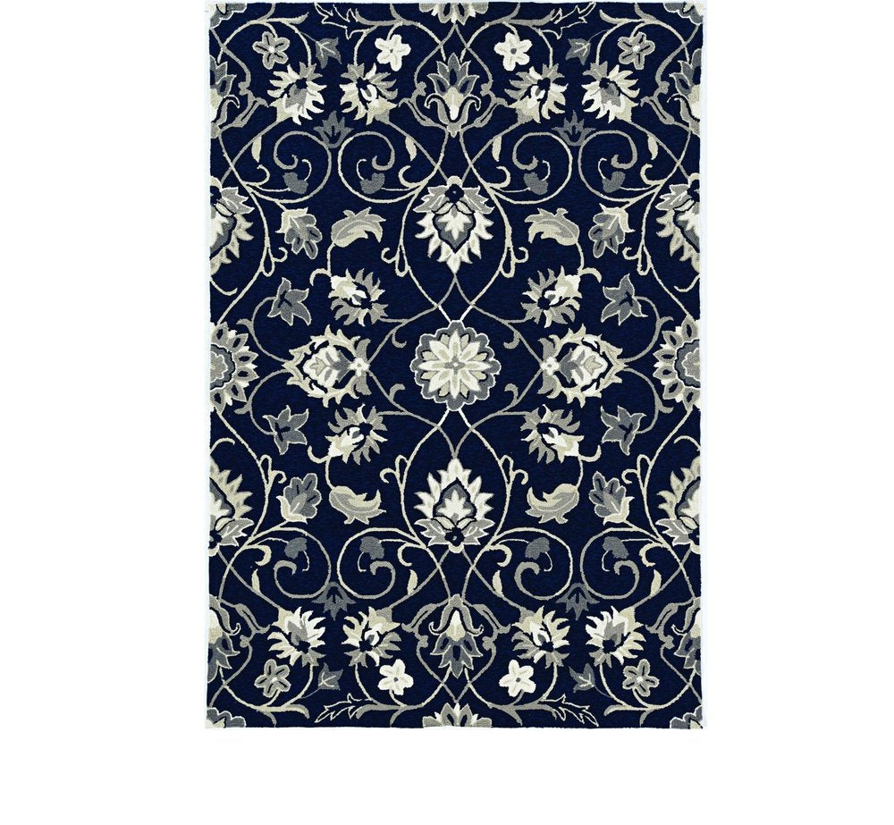 5' X 8' Navy Blue Round Floral Indoor Outdoor Area Rug