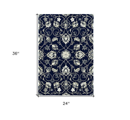 2' X 3' Navy Blue Floral Handmade Indoor Outdoor Area Rug