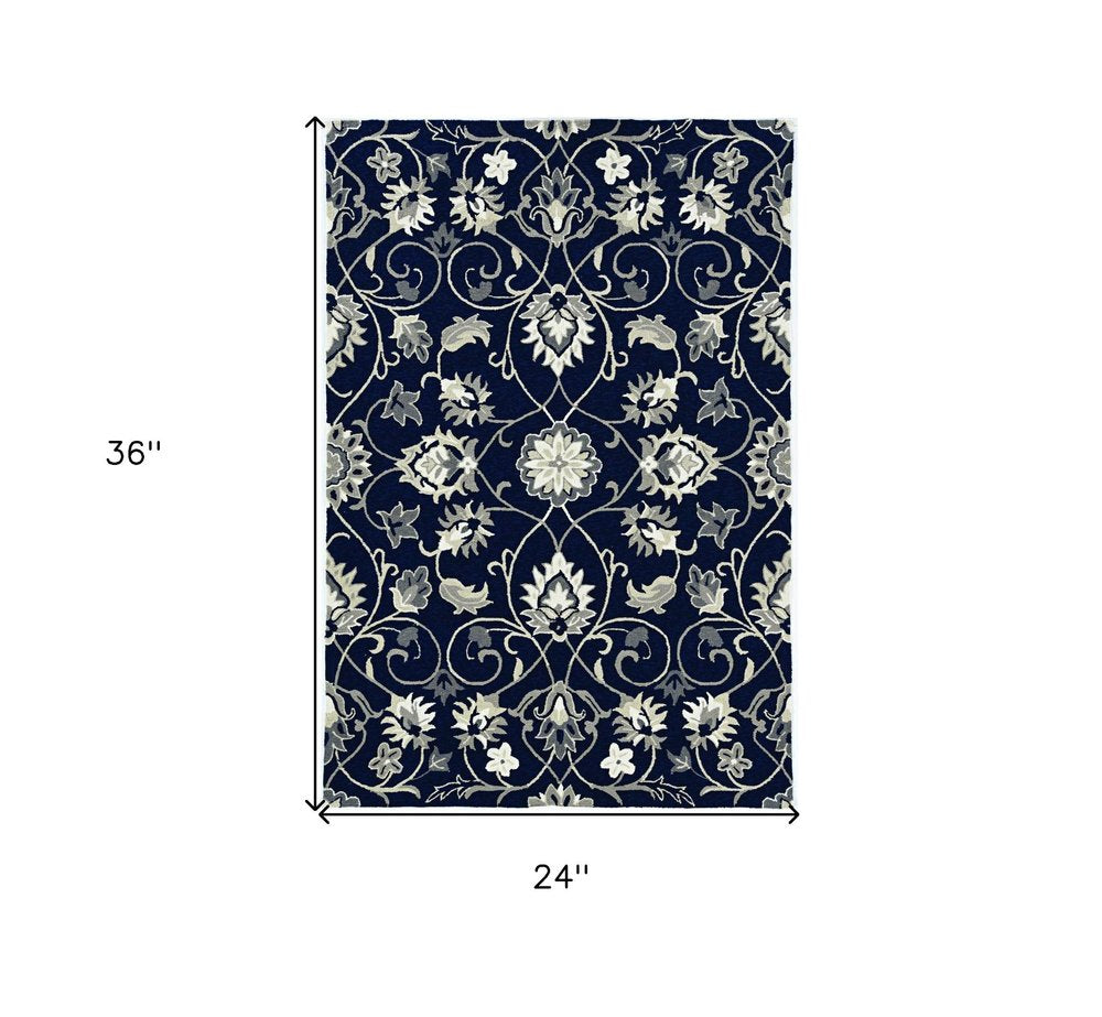 5' X 8' Navy Blue Round Floral Indoor Outdoor Area Rug