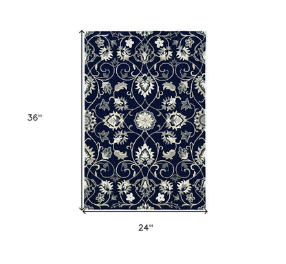 5' X 8' Navy Blue Round Floral Indoor Outdoor Area Rug