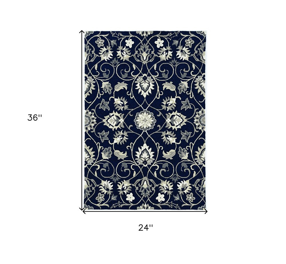 3' X 5' Navy Blue Floral Indoor Outdoor Area Rug