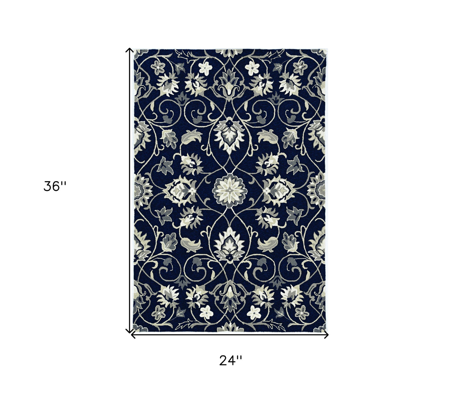 2'X3' Navy Blue Hand Hooked Uv Treated Floral Vines Indoor Outdoor Accent Rug