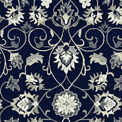 5' X 8' Navy Blue Round Floral Indoor Outdoor Area Rug