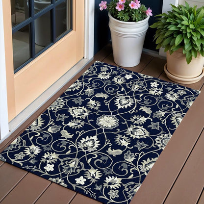 5' X 8' Navy Blue Round Floral Indoor Outdoor Area Rug