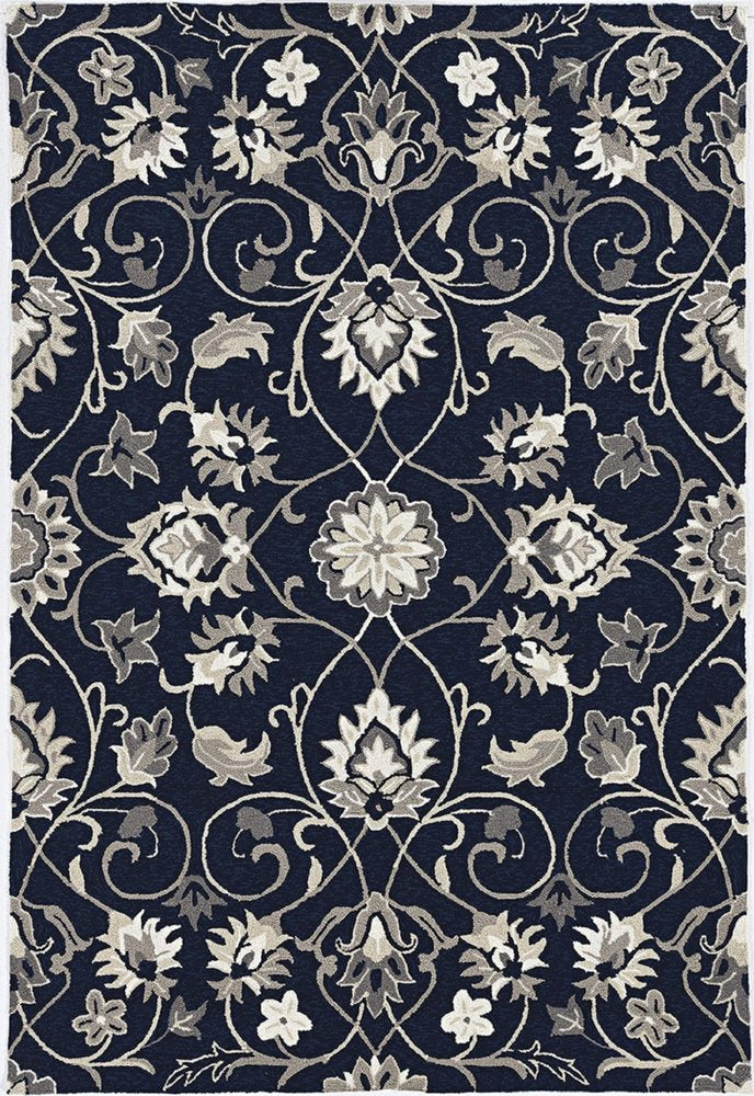 5' X 8' Navy Blue Round Floral Indoor Outdoor Area Rug