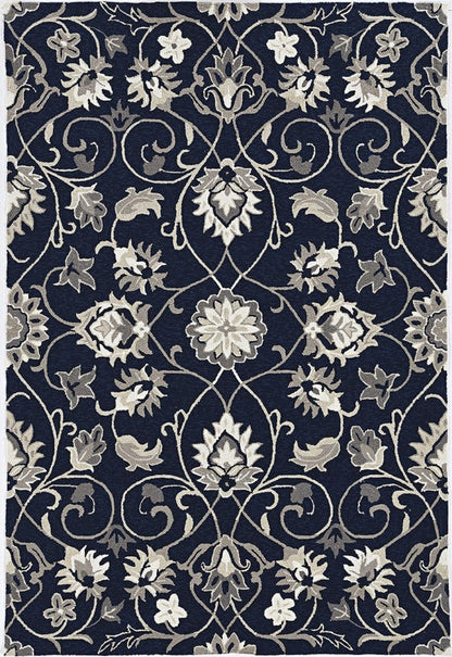 5' X 8' Navy Blue Round Floral Indoor Outdoor Area Rug