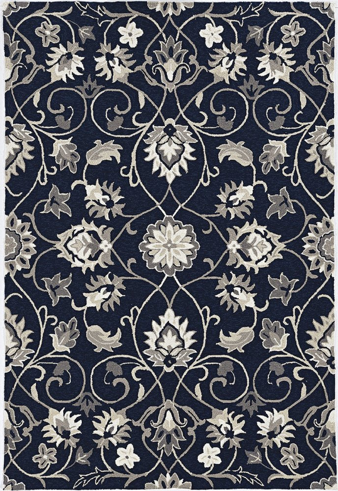 5' X 8' Navy Blue Round Floral Indoor Outdoor Area Rug