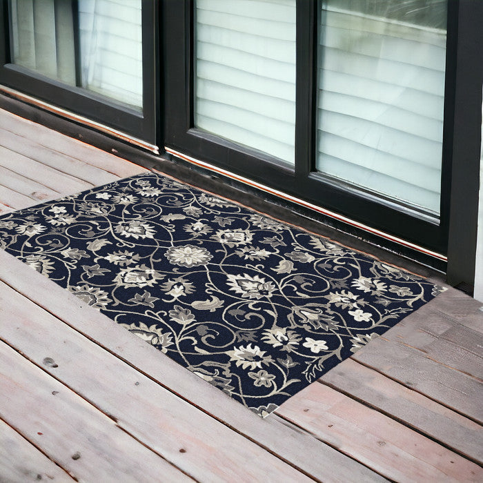 2' X 3' Navy Blue Floral Handmade Indoor Outdoor Area Rug