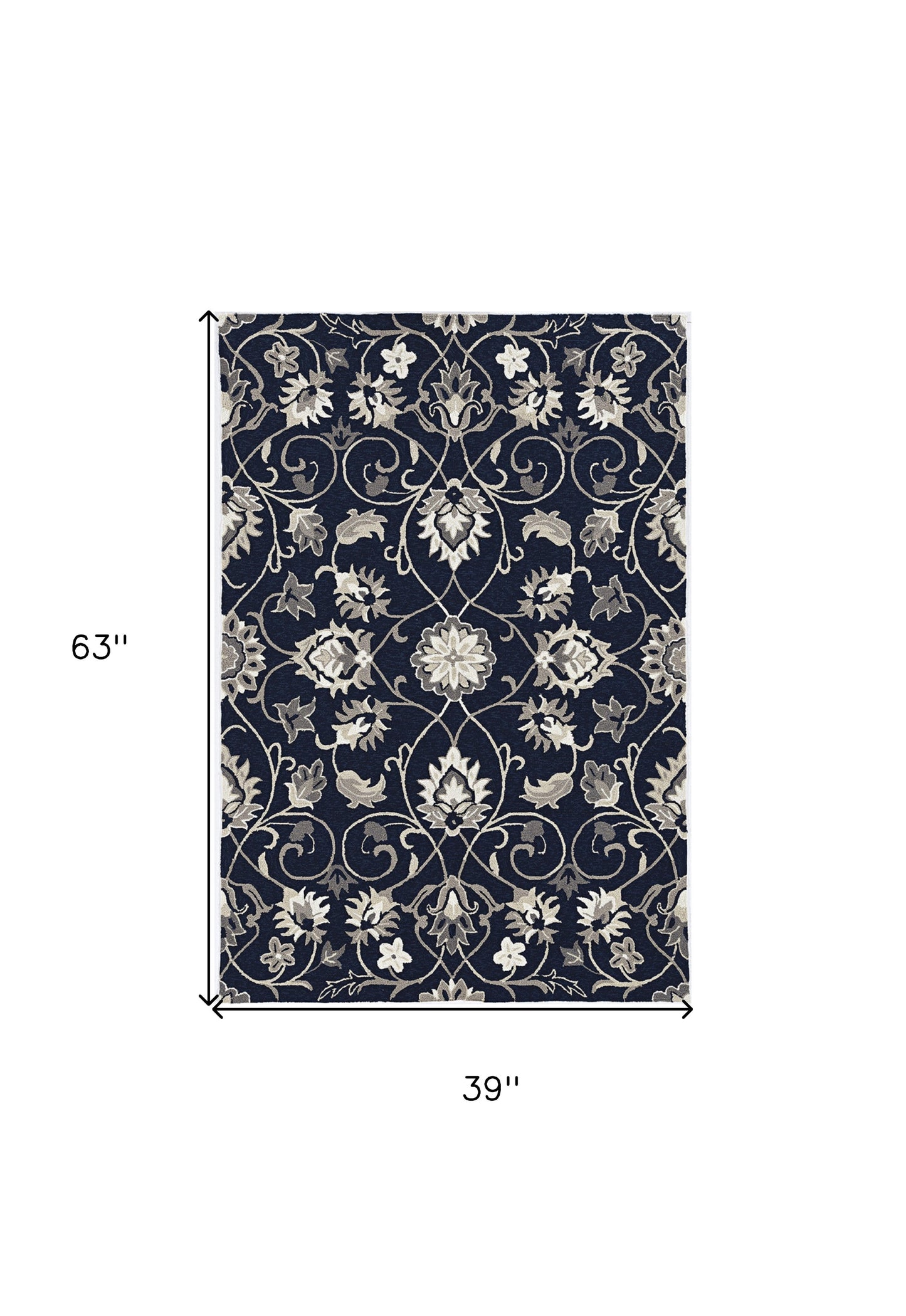 2' X 3' Navy Blue Floral Handmade Indoor Outdoor Area Rug